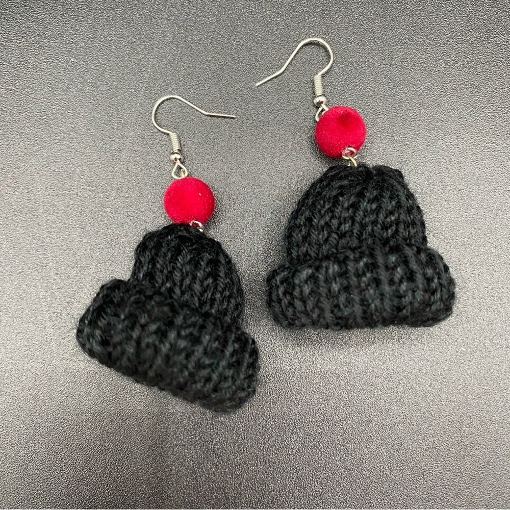 Handknit Black and Burgundy Winter Hat Earrings